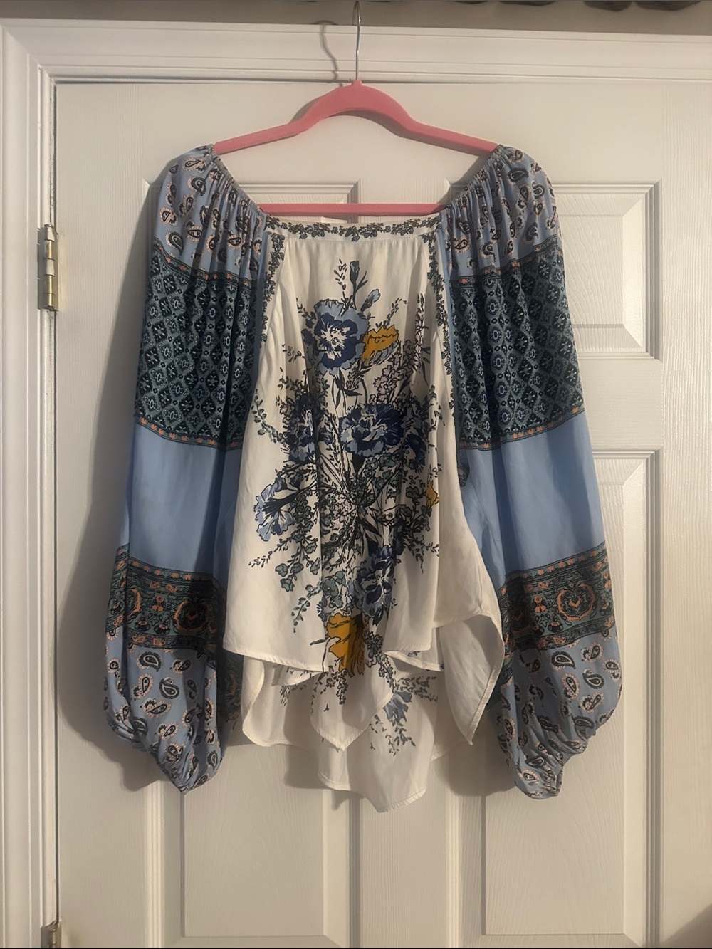 Oversized Free People Blue and Cream Floral Boho Tunic off shoulder